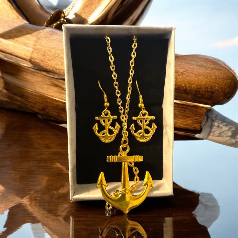 Gold Plated Anchor Necklace and Earring Set - Picture 2 of 2